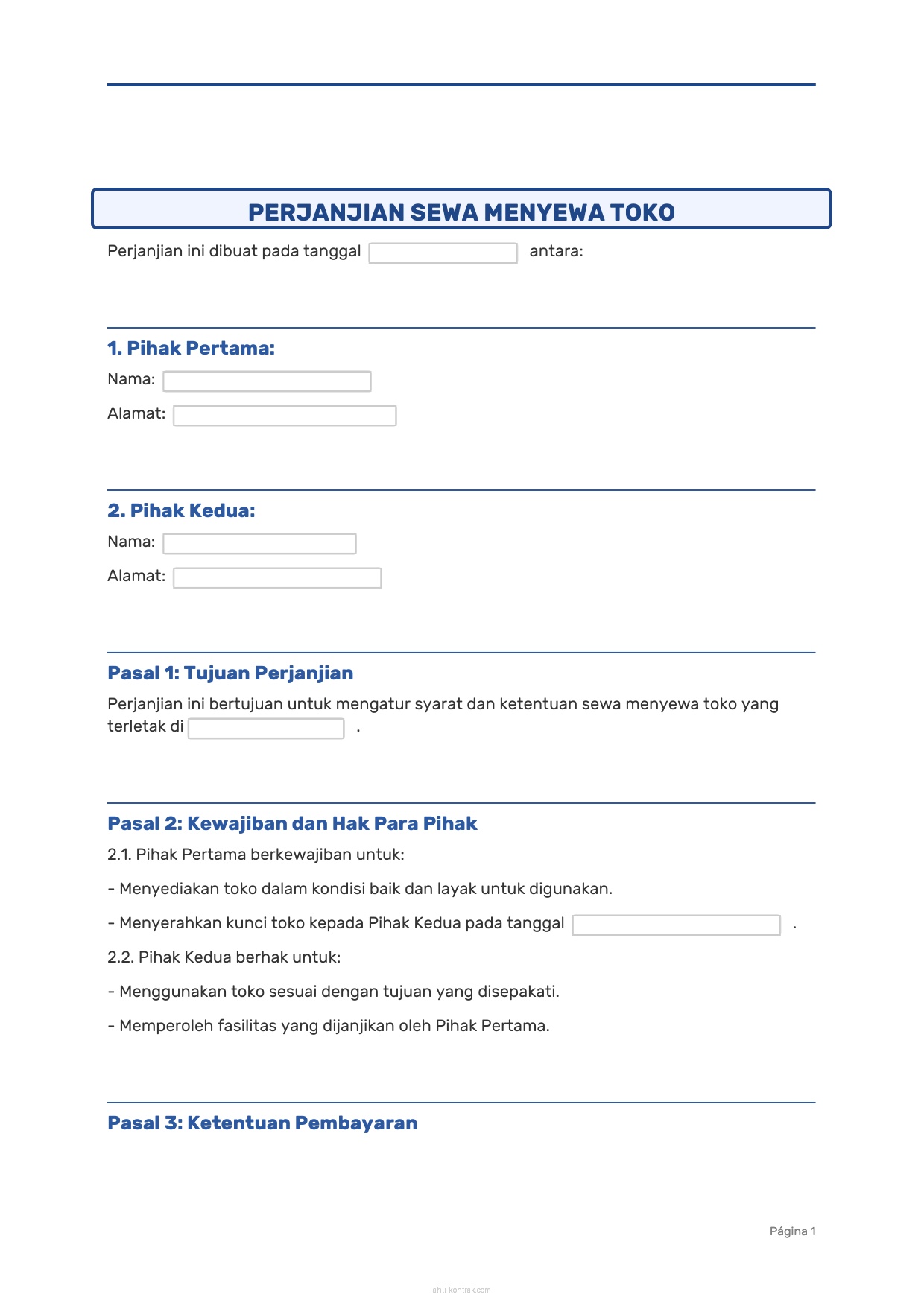 Contoh Surat Kontrak Toko