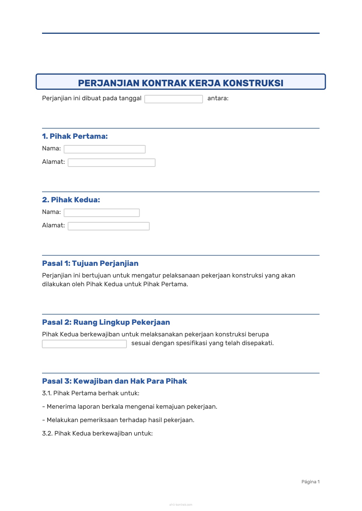 Contoh Surat Perjanjian Kontrak Kerja Konstruksi