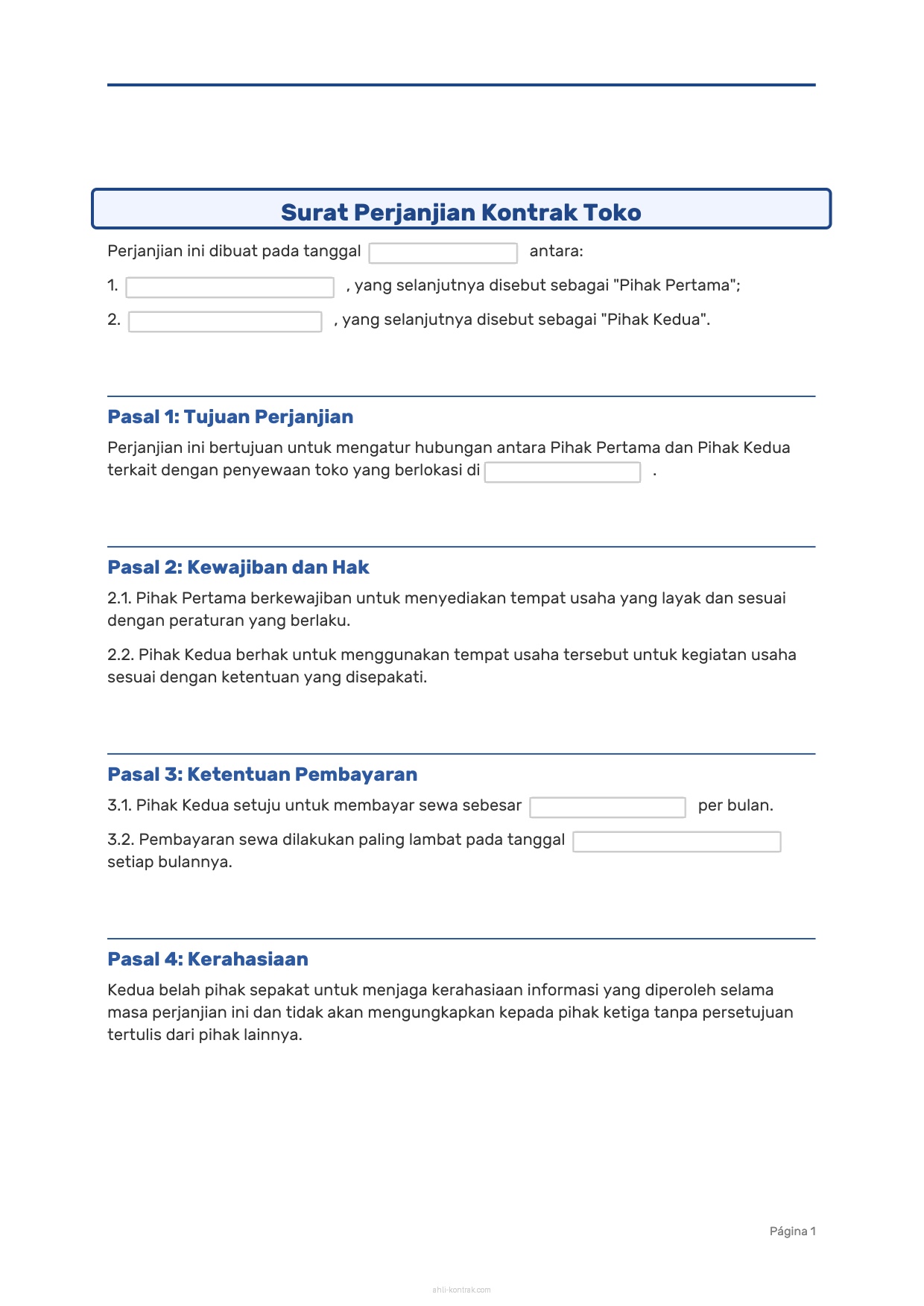 Surat Perjanjian Kontrak Toko